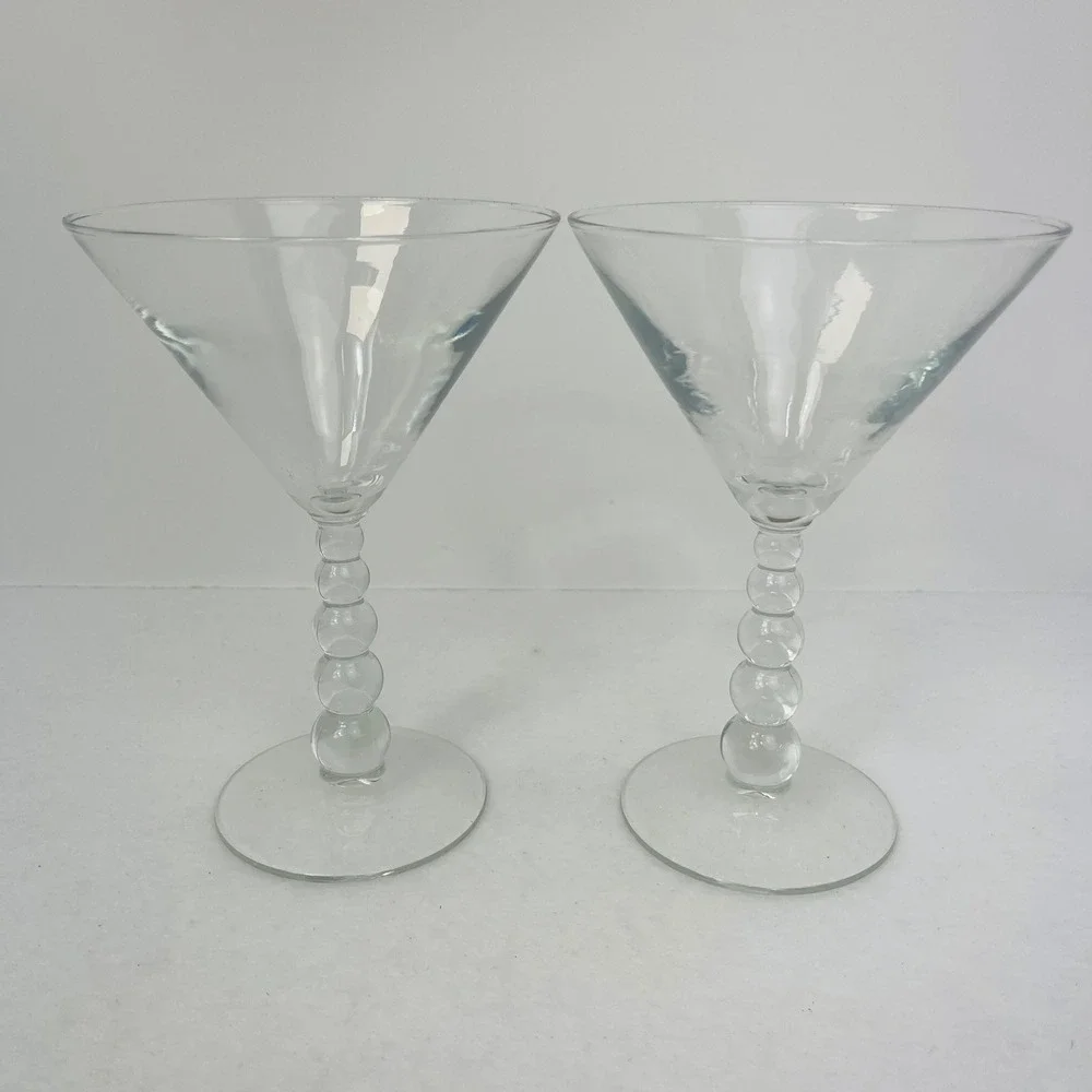 Set of 2 Clear Martini Glasses Stacked Ball Bubble Stem Cocktail Barware 7.25in